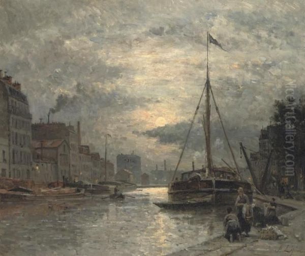 Moonlight On The Canal Saint-martin, Paris by Stanislas Lepine