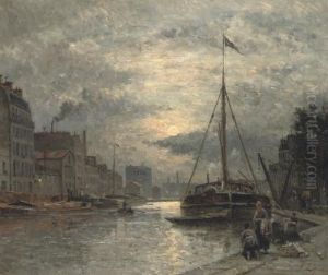 Moonlight On The Canal Saint-martin, Paris by Stanislas Lepine