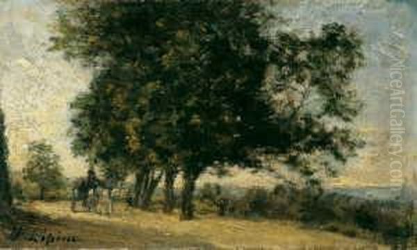 Paysage A La Charrette. Landschaft Mit Beladenem Pferdefuhrwerk. - view 1