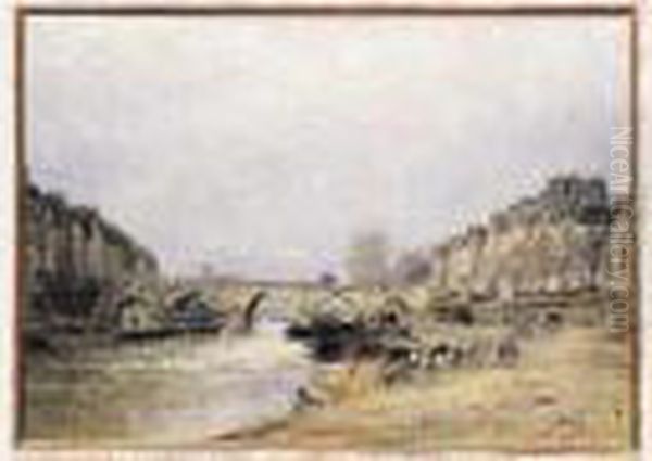 La Seine Au Pont Marie Vers 1874-1877huile Sur Toilesignee En Bas A
 Droite. - view 1