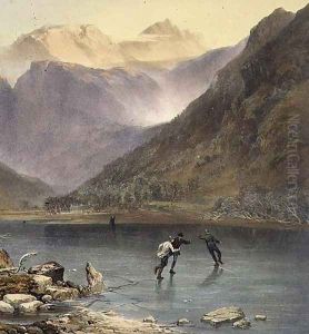 Brothers Water, detail of ice skaters, from The English Lake District, 1853 by James Baker Pyne