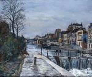 Paris, L'ecluse Sur Le Canal Saint-martin by Marcel Leprin