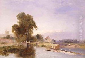 Barge by a lock gate, Windsor beyond by James Baker Pyne