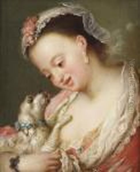 An Elegant Young Girl,
Bust-length, In A Pink Dress With White Laceand A Bonnet, Cuddling A Dog - view 1