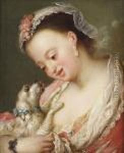 An Elegant Young Girl,
Bust-length, In A Pink Dress With White Laceand A Bonnet, Cuddling A Dog by Jean-Baptiste Le Prince