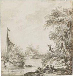 River Scene With A Boat Hauling In Sails, Figures Resting On Thebank River Scene With A Boat Hauling In Sails, Figures Resting On Thebank