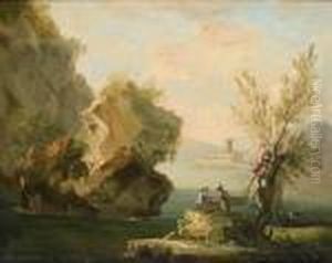 Fishermen Drying Their Nets Before A Coastal Landscape