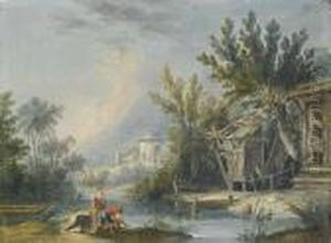 A River Landscape With A Couple Fishing By Ahut, A Village Beyond A River Landscape With A Couple Fishing By Ahut, A Village Beyond