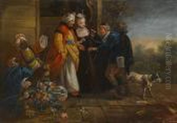An Elegant Couple Receiving A Beggar At Their Palace - view 1