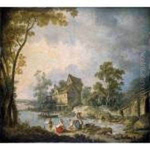 Mill Scene With Women Washing
Clothes In A River A Boy Fishing Nearby by Jean-Baptiste Le Prince