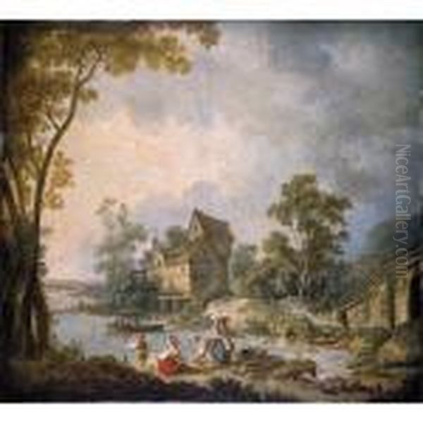 A Mill Scene With Women Washing Clothes In A River, A Boy Fishing Nearby - view 1