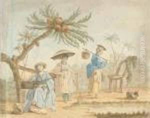 Three Women In Oriental Costume Beneath An Exotic Tree