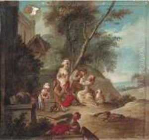 Amorous Couples In A Garden With Children And A Young Fisherman,the Sea Beyond by Jean-Baptiste Le Prince