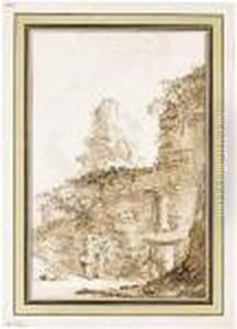 Un Paysage De Ruines Avec Deux Femmes Visitant Un Ermite by Jean-Baptiste Le Prince