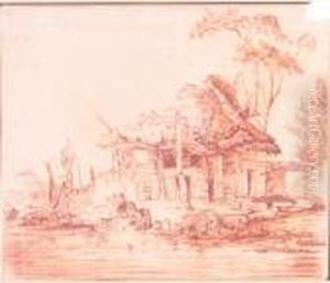 A Rustic Cottage With Figures Washing Clothes A Rustic Cottage With Figures Washing Clothes