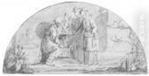 A Chinese Presenting A Potted Plant To Two Chinese Girls: Designfor A Fan by Jean-Baptiste Le Prince