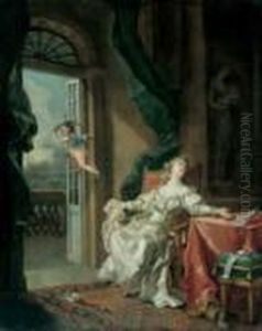Zwei Amourose Szenen. 1. 
Interieur Mit Jungem Liebespaar Und Amor. 2. Interieur Mit Junger Frau, 
Die Einen Brief (abschiedsbrief?) Las, Und Sich Demaskierendem 
Wegfliegenden Amor. by Jean-Baptiste Le Prince