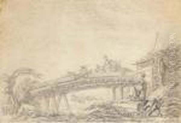 Des Personnages Assis Pres D'une
Riviere, Un Pont En Pierre Aufond; Et Des Personnages Sur Un Pont En
Bois, Avec Desfigures - view 1