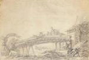 Des Personnages Assis Pres D'une
 Riviere, Un Pont En Pierre Aufond; Et Des Personnages Sur Un Pont En 
Bois, Avec Desfigures by Jean-Baptiste Le Prince