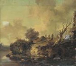 A River Landscape With Sportsman Shooting At A Popinjay On Thebank
