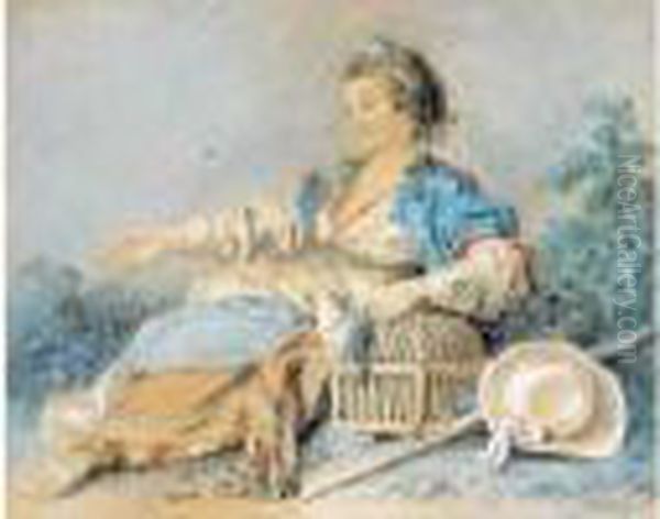Jeune Fille Au Chale Assise Pres D'une Cage A Oiseau - view 1