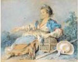 Jeune Fille Au Chale Assise Pres D'une Cage A Oiseau