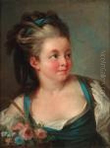 Portrait Of A Young Girl, Bust Length, In A Blue Dress With Abasket Of Flowers - view 1