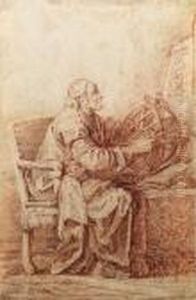 An Astronomer Seated At A Table,
Holding A Compass And An Armillarysphere, Looking At A Board Inscribed
With Geometric Figures by Jean-Baptiste Le Prince