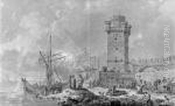 The Port Of Rhodes With Oriental Figures Unloading A Ship - view 1