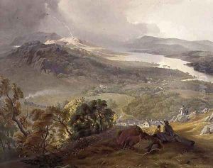 Lake Windermere, detail of the Lakeside Railway, from The English Lake District, 1853 by James Baker Pyne