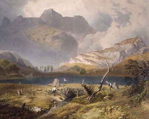 Langdale Pikes, detail of the tarn, from The English Lake District, 1853 by James Baker Pyne