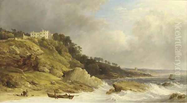 Fishermen landing a boat before a clifftop country house - view 1
