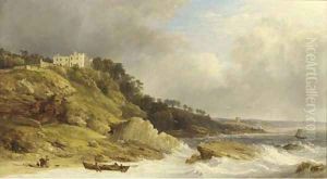 Fishermen landing a boat before a clifftop country house by James Baker Pyne
