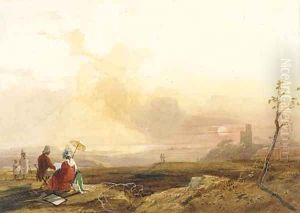Figures sketching in a sunset landscape by James Baker Pyne
