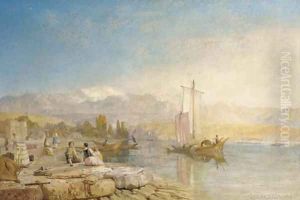 Figures by an Italianate lake by James Baker Pyne