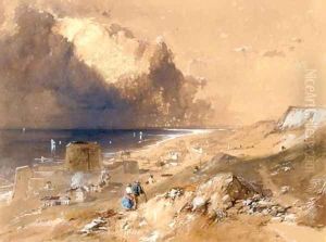 Figures walking on the cliffs above Sandgate, Kent by James Baker Pyne