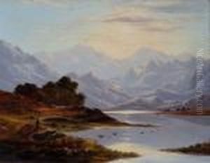 A Figure On The Shores Of A Sun Lit Mountainous Loch