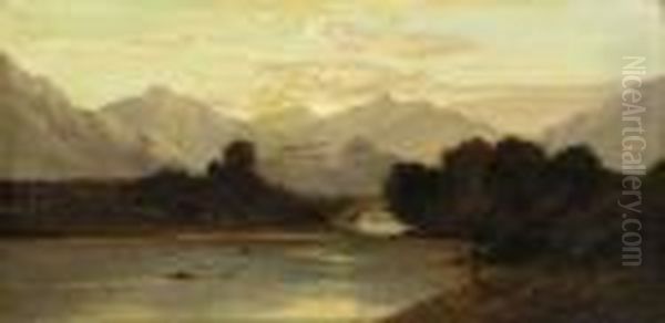 A Highland Landscape With Fisherman, Figures On A Bridge, Mountains In The Background - view 1