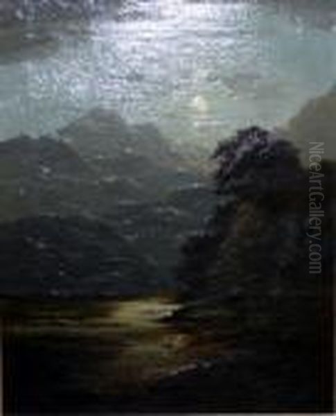 Oilon Canvas - Moonlit Landscape With Mountains And Figures - 42 X 52 Cms - view 1