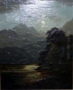 Oilon Canvas - Moonlit Landscape With Mountains And Figures - 42 X 52 Cms by Charles Leslie