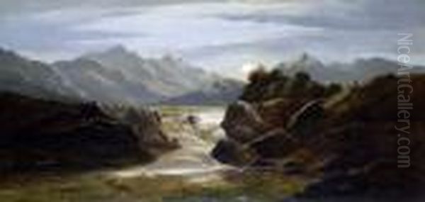 Rapids In A Mountainous Landscape, With The Moon Rising - view 1