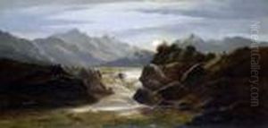 Rapids In A Mountainous Landscape, With The Moon Rising