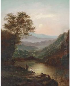 Cattle Watering In A Welsh Landscape; And Anglers By A Lake by Charles Leslie