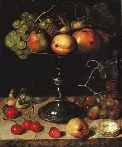 Pears, an apple, an apricot, grapes, almonds and wallnuts on a tazza with grapes, a wallnut, an abricot, cherries and almonds on a stone ledge