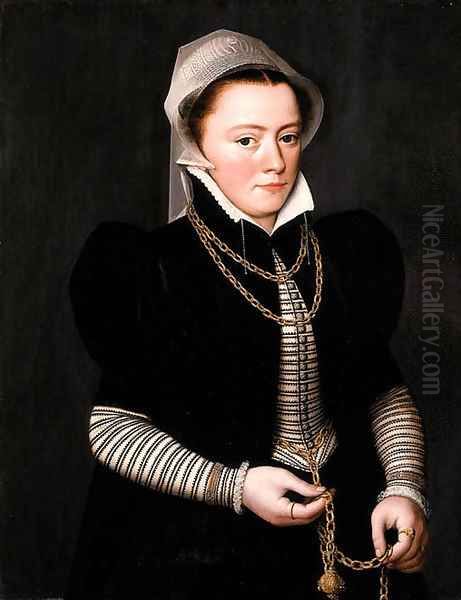 Portrait of a Lady, three-quarter length, wearing a striped bodice and black coat, holding a pomander on a gold chain by Pieter Pourbus