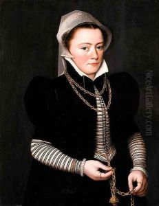 Portrait of a Lady, three-quarter length, wearing a striped bodice and black coat, holding a pomander on a gold chain by Pieter Pourbus