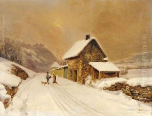 Passage Du Facteur Sous La Neige by Theodore Levigne