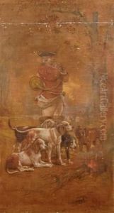 Veneur Et Ses Chiens Pres Du Feu