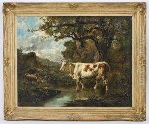 Depicting A Cow Grazing By A River by Theodore Levigne