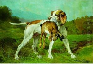 Chien De Chasse Et Lievre. by Theodore Levigne